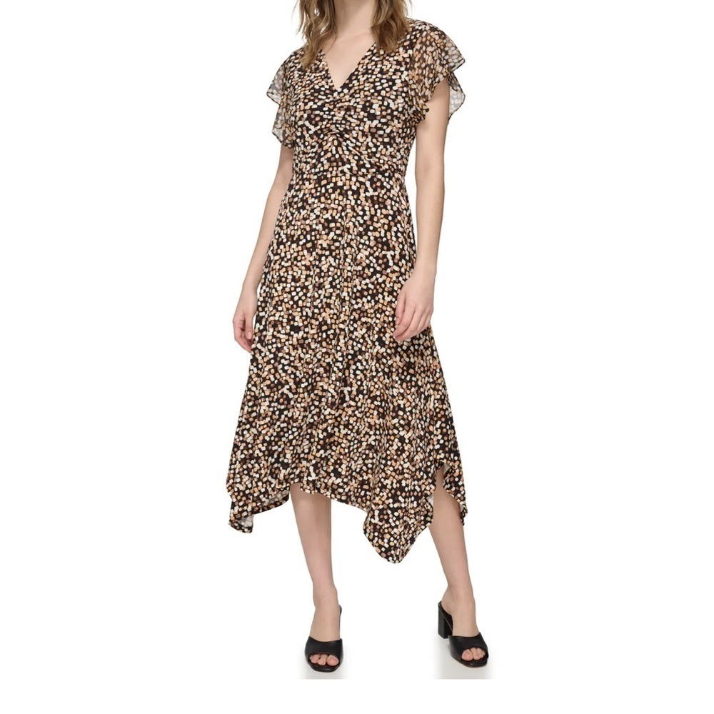 Calvin Klein Neutral Black Brown Tan Asymmetrical Jersey Midi Dress - NWT - L